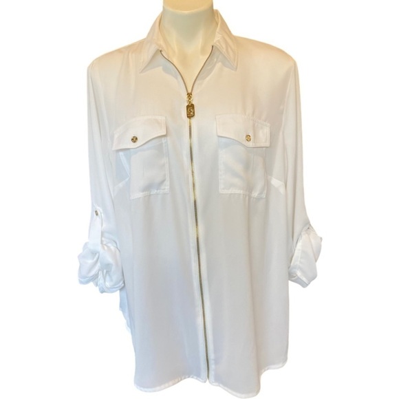 MICHAEL Michael Kors White Blouse with Gold Zipper Long Sleeves Size 1X - Picture 7 of 14